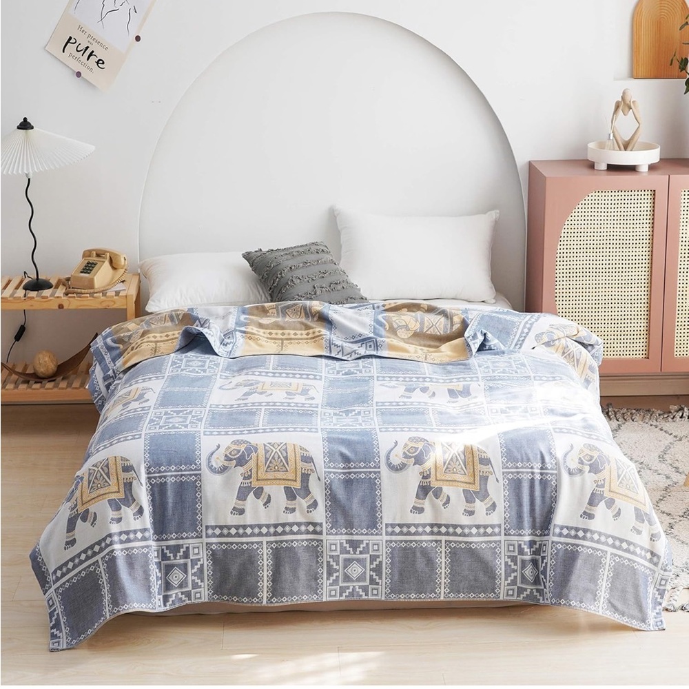 Soft Cotton Elephant Print Lightweight Throw Blanket Blue Yellow & Cream